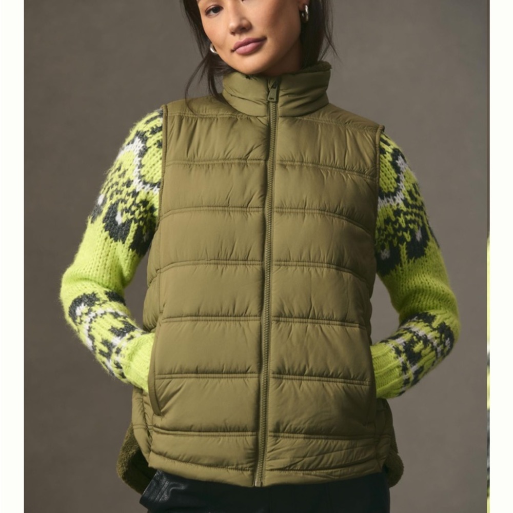Anthropology Bernardo Army Green Puffer Vest with Chevron Back